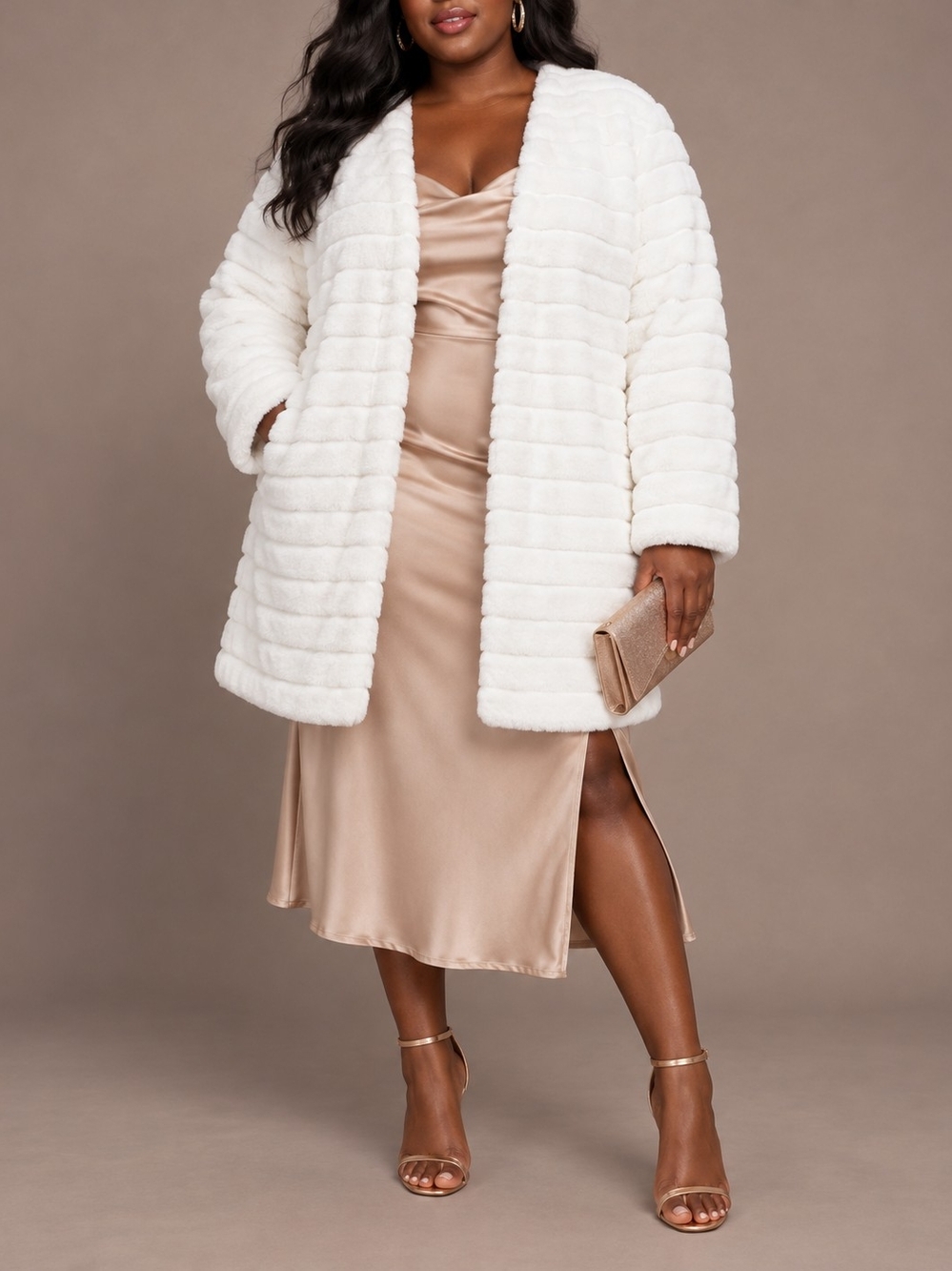 NWT Glamorous Curve Off-White Paneled Faux Fur Coat